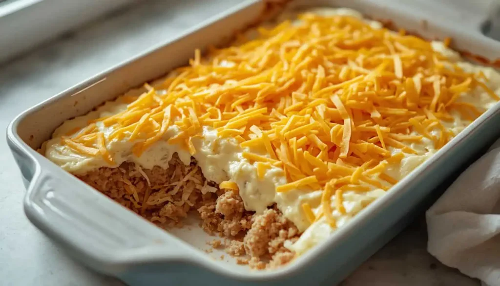 Amish breakfast casserole with hash browns sausage eggs and cheese before baking