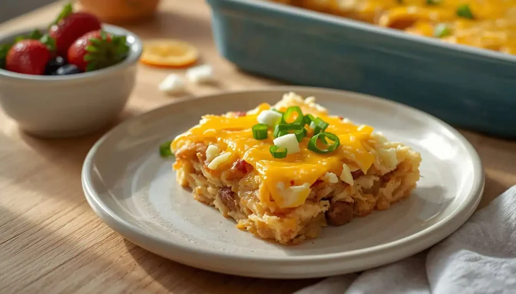 Amish breakfast casserole served with fresh fruit for brunch