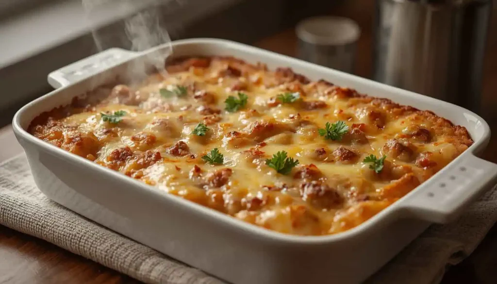 Baked French onion ground beef and rice casserole fresh from the oven