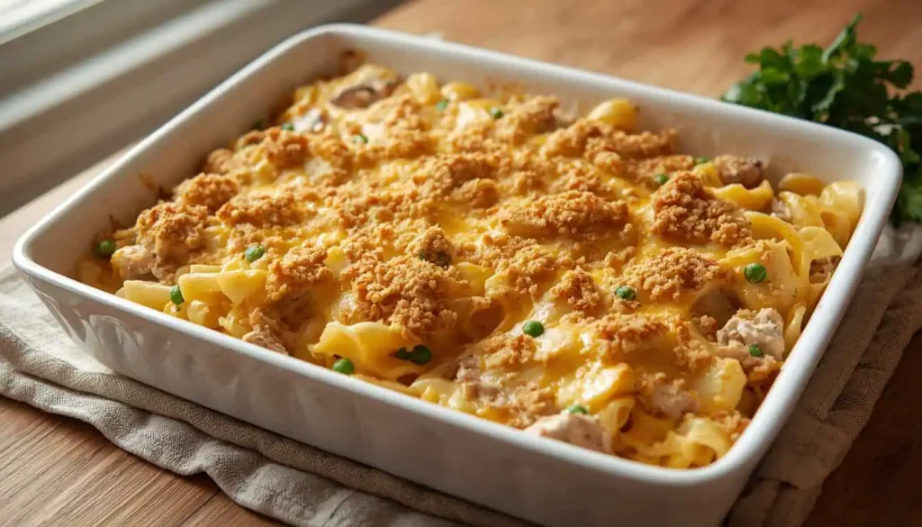 Baked turkey noodle casserole with golden breadcrumb and cheese topping