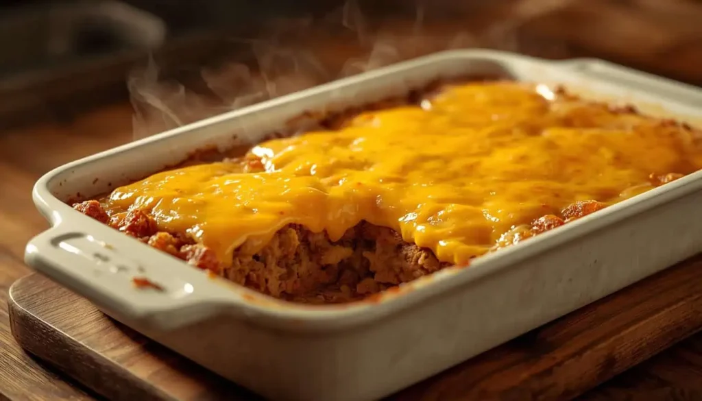Freshly baked Big Mac casserole with golden melted cheddar cheese and seasoned beef and potato filling.