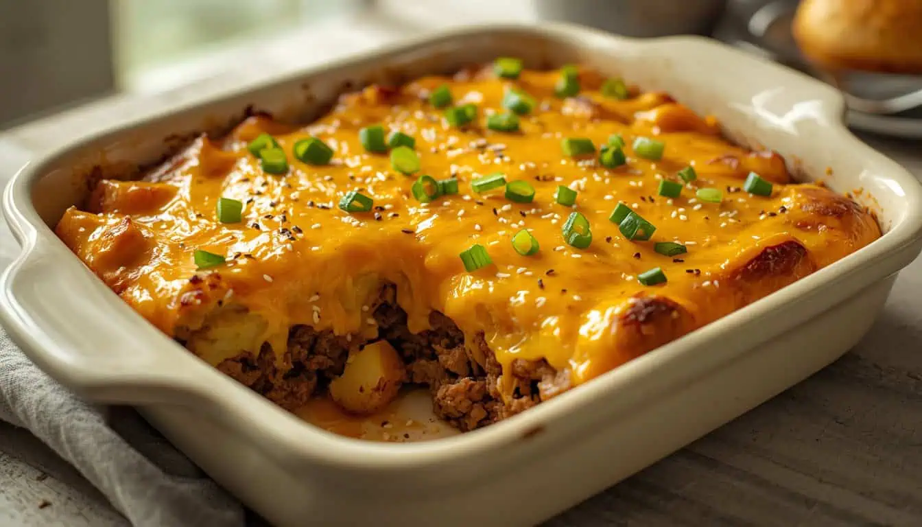 Homemade Big Mac casserole with seasoned ground beef, diced potatoes, melted cheddar cheese, pickles, and fresh shredded lettuce.