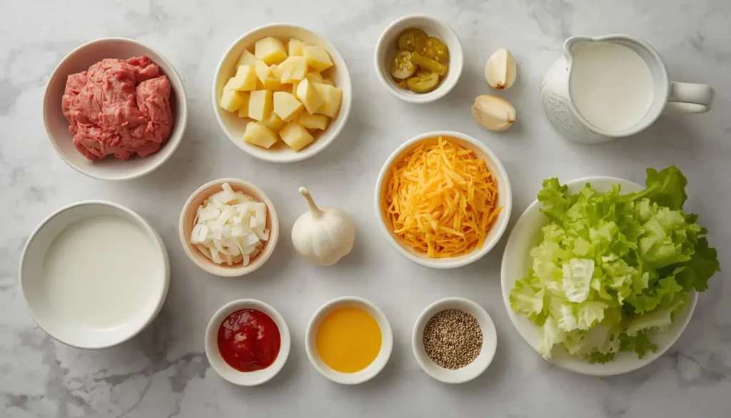 Ingredients for Big Mac casserole including ground beef, potatoes, cheddar, pickles, burger sauce ingredients, and lettuce.