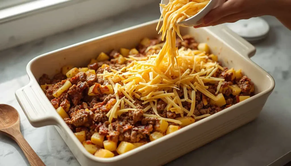 Big Mac casserole being assembled with seasoned ground beef, cooked potatoes, homemade burger sauce, and shredded cheddar.