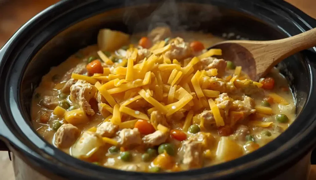 Creamy slow cooker chicken casserole topped with melted cheese