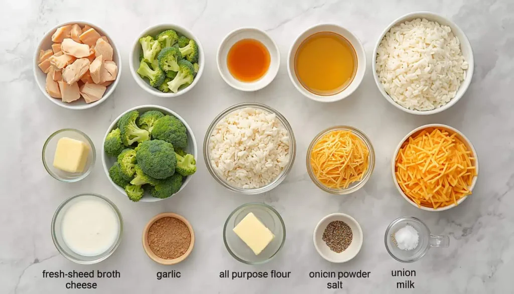 Ingredients for chicken and broccoli casserole with rice