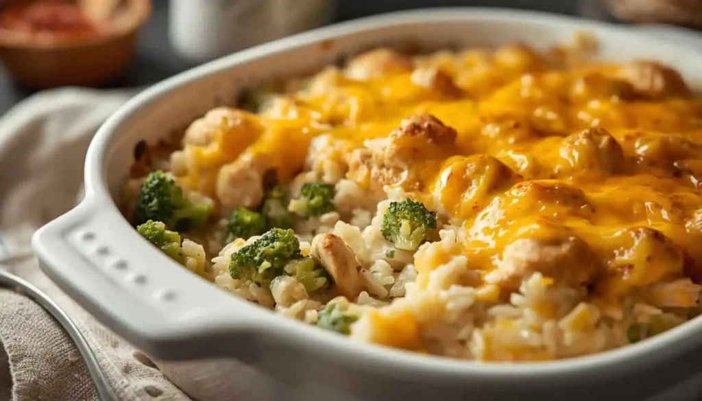 Easy chicken and broccoli casserole with rice and melted cheddar