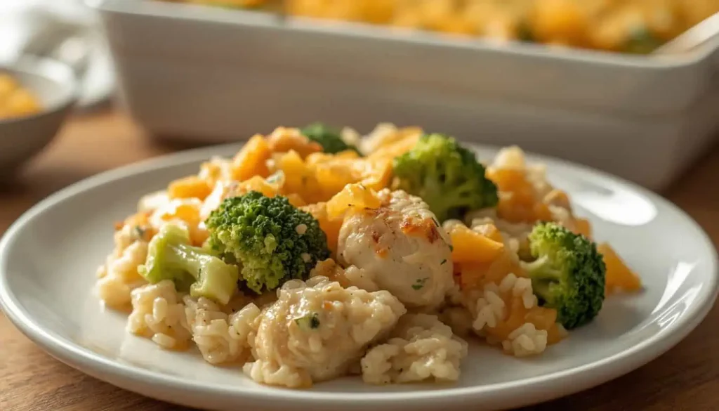 Serving of creamy chicken and broccoli casserole with rice