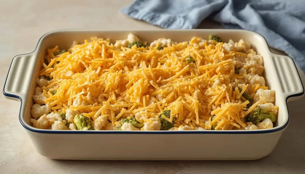 Chicken and rice potluck casserole topped with cheese and buttery crackers before baking