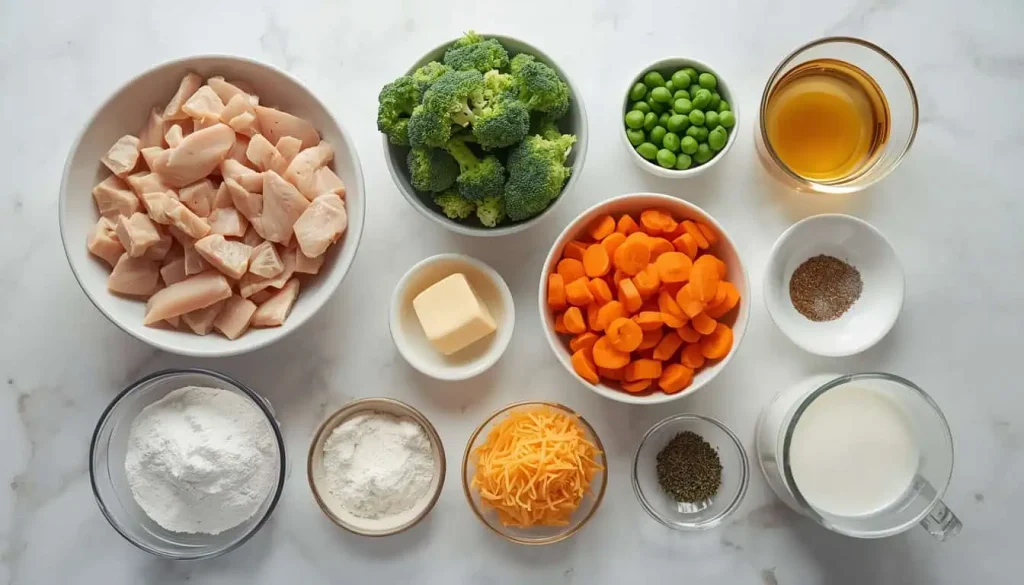 Ingredients for chicken and vegetable casserole including chicken, broccoli, carrots, peas, and cheddar