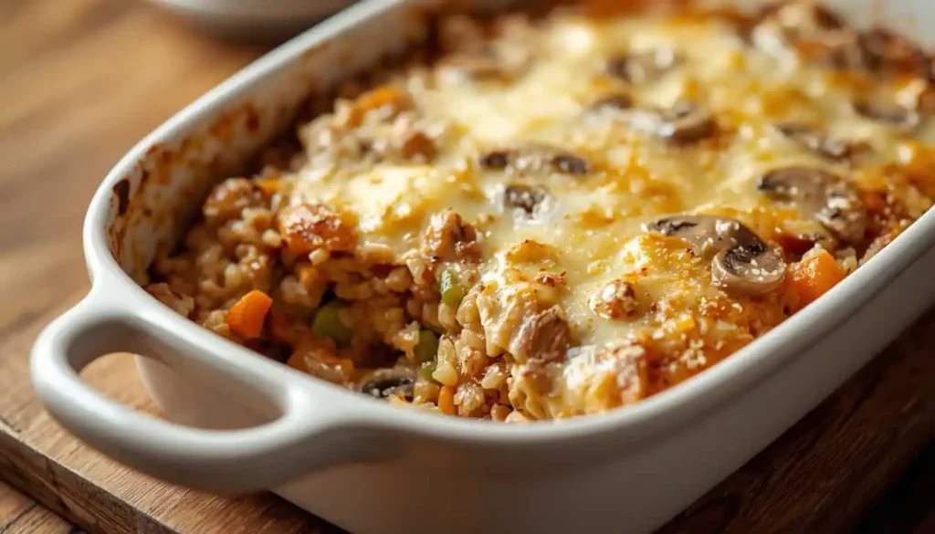 Creamy chicken wild rice casserole with mushrooms, vegetables, and golden melted cheese.