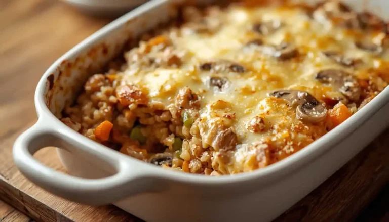 Creamy chicken wild rice casserole with mushrooms, vegetables, and golden melted cheese.
