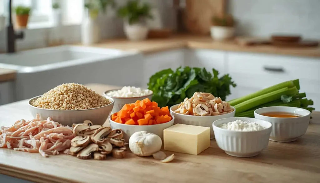 Ingredients for chicken wild rice casserole including cooked chicken, wild rice, mushrooms, vegetables, and cheese