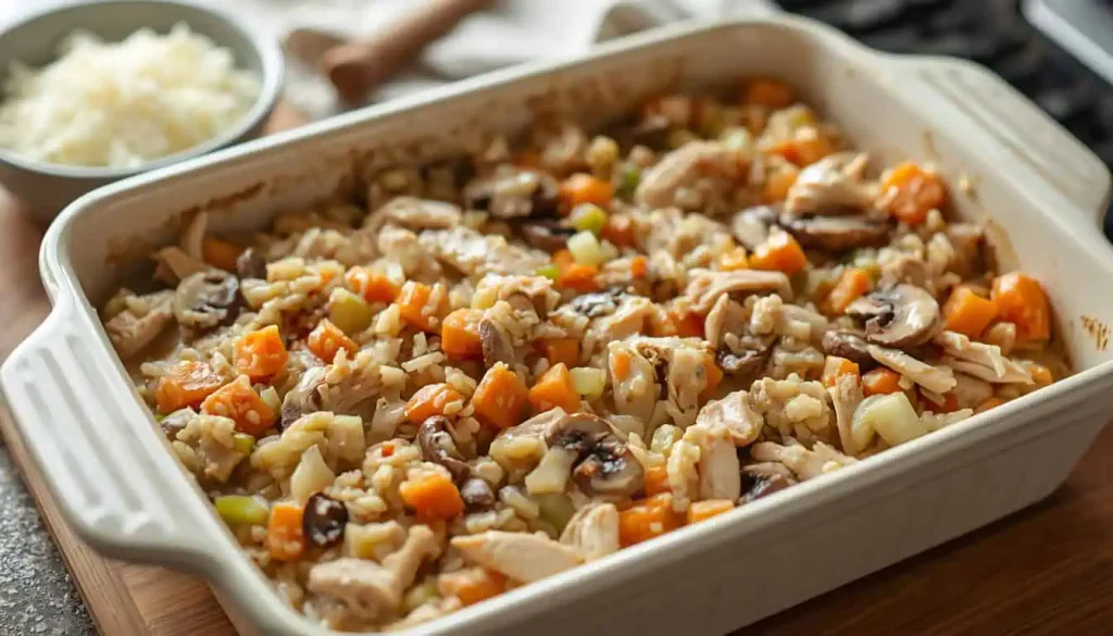 Chicken, wild rice, mushrooms, and vegetables mixed with creamy sauce in a baking dish before baking.
