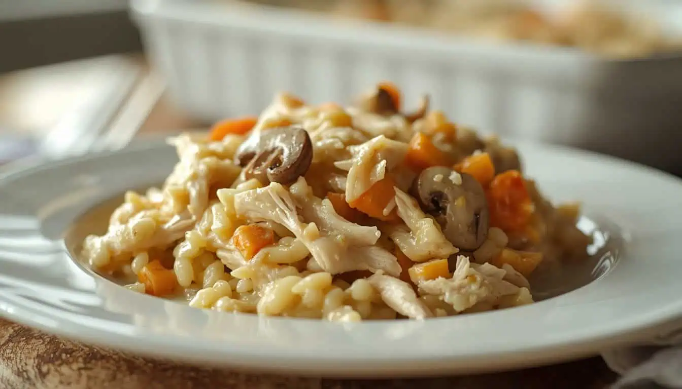 Chicken wild rice casserole with tender chicken and creamy wild rice filling