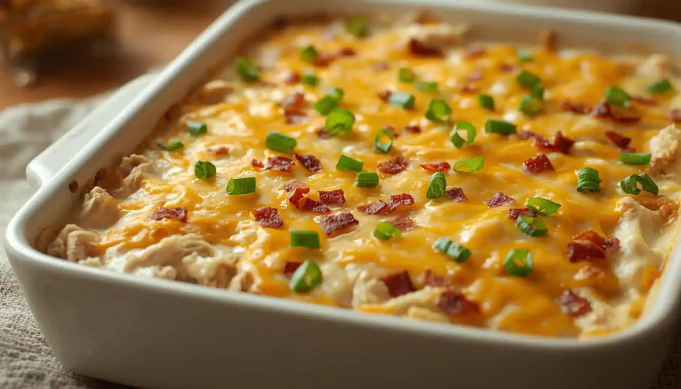 Creamy crack chicken casserole with tender shredded chicken, melted cheddar cheese, and green onions.