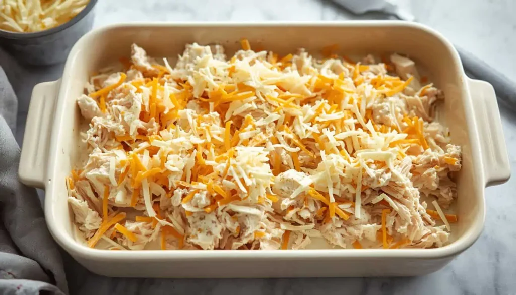 Shredded chicken mixed with creamy ranch sauce in a baking dish before baking.