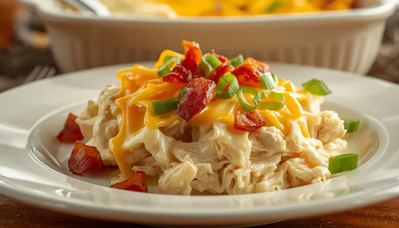 Creamy cheesy crack chicken casserole baked until golden