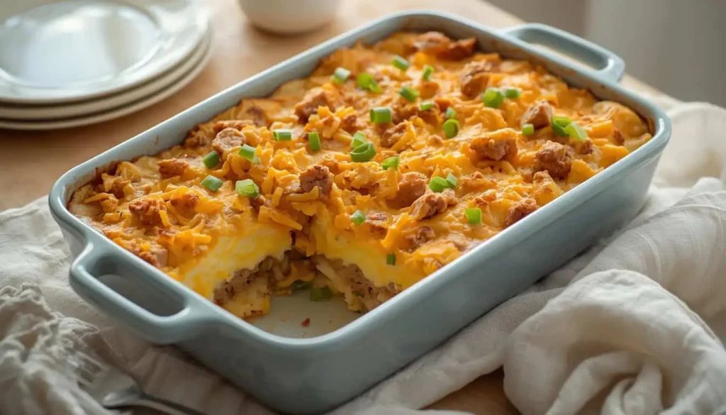 Easy Amish breakfast casserole with sausage and hash browns
