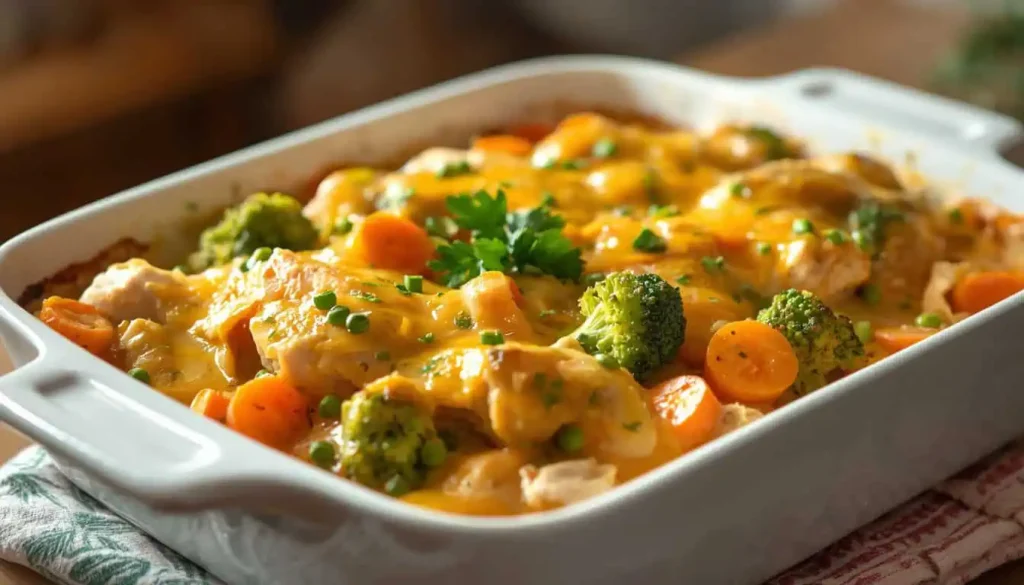 Easy chicken and vegetable casserole with broccoli, carrots, peas, and melted cheddar