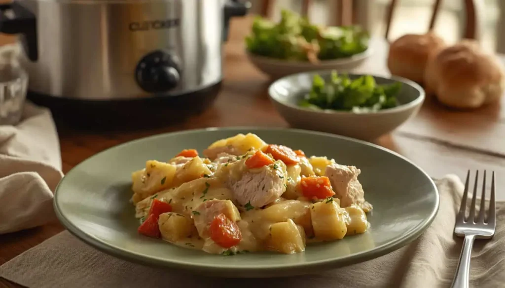 Easy crockpot chicken casserole served for dinner