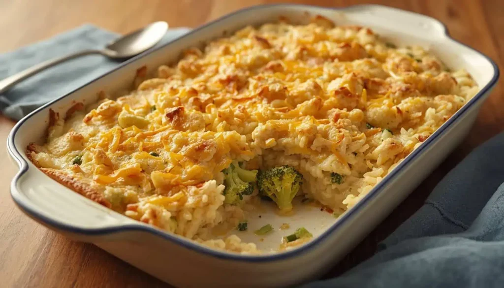 Easy potluck chicken and rice casserole with broccoli and cheese