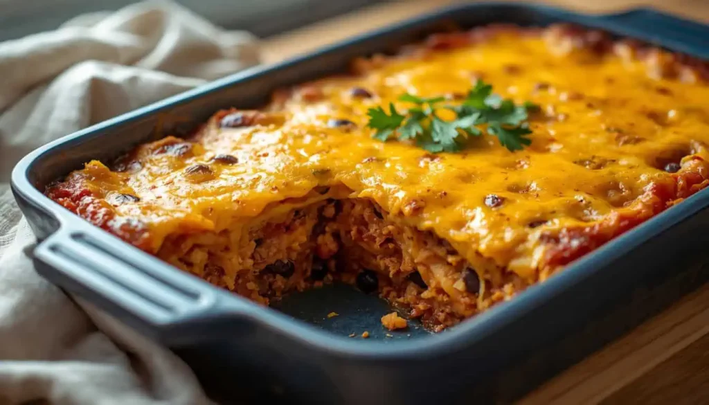 Easy tortilla casserole with ground beef beans and melted cheese
