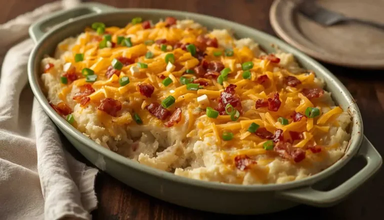 Easy twice baked potato casserole with cheddar cheese and turkey bacon