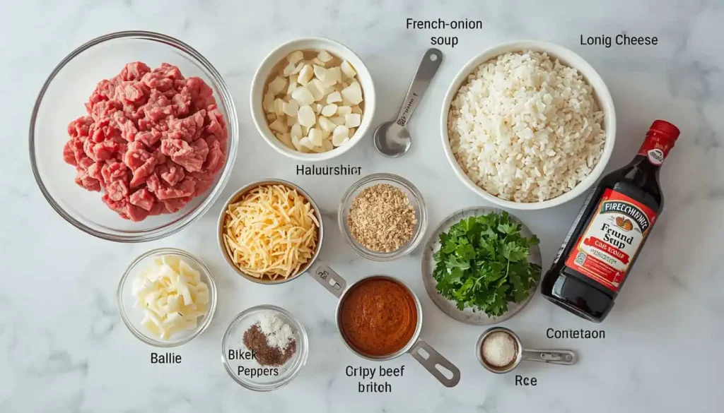 Ingredients for French onion ground beef and rice casserole