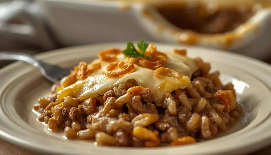 Serving of French onion ground beef and rice casserole with crispy onion topping