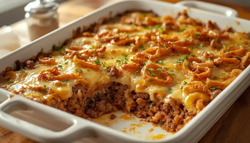 French onion ground beef and rice casserole with melted cheese and crispy onions