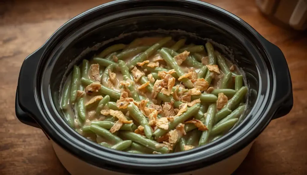 Green bean casserole mixture prepared in a slow cooker