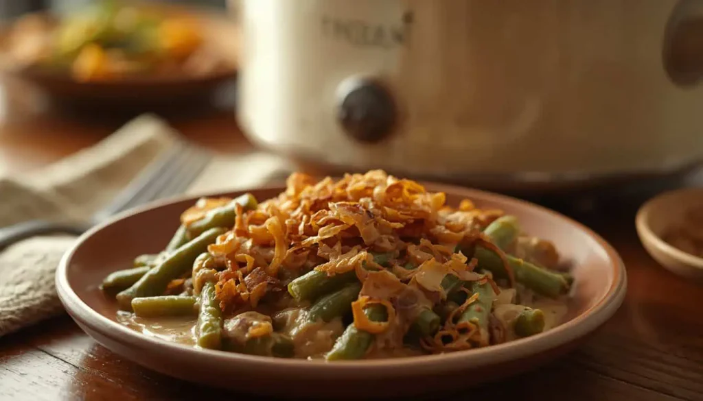 Serving of slow cooker green bean casserole with crispy fried onions