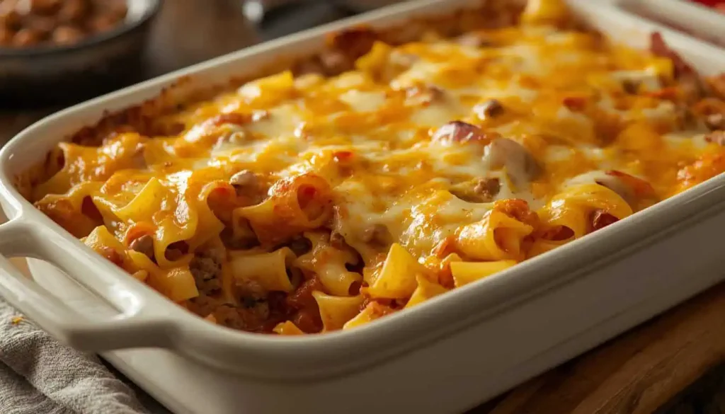Freshly baked hamburger noodle casserole with golden melted cheese, ground beef, wide egg noodles, and creamy tomato sauce.