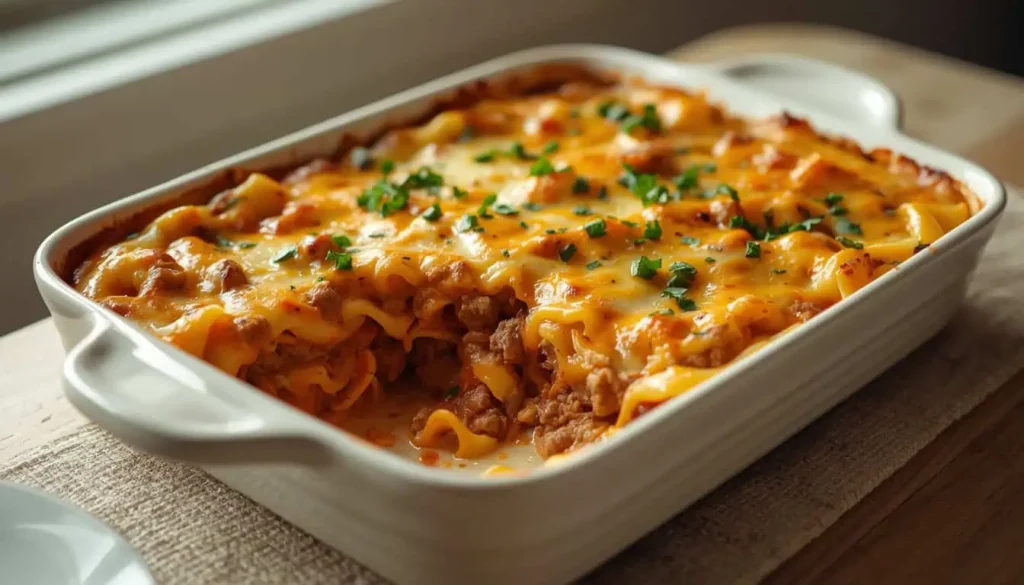Homemade hamburger noodle casserole with seasoned ground beef, wide egg noodles, creamy tomato sauce, and melted cheddar cheese.