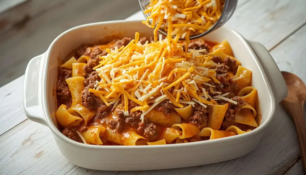 Hamburger noodle casserole being assembled with cooked egg noodles, seasoned ground beef, creamy tomato sauce, and shredded cheese.