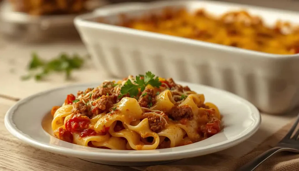 Serving of creamy hamburger noodle casserole with seasoned ground beef, tender egg noodles, melted cheese, and fresh parsley