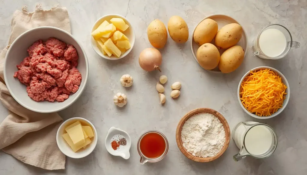 Ingredients for hamburger potato casserole with ground beef and potatoes