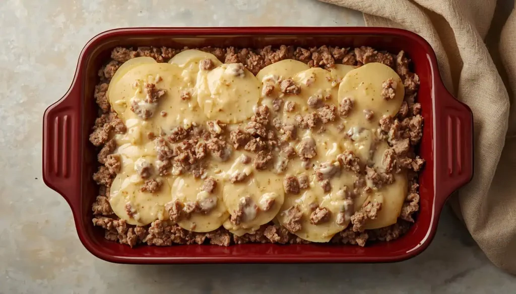 Hamburger potato casserole layered with potatoes and ground beef before baking