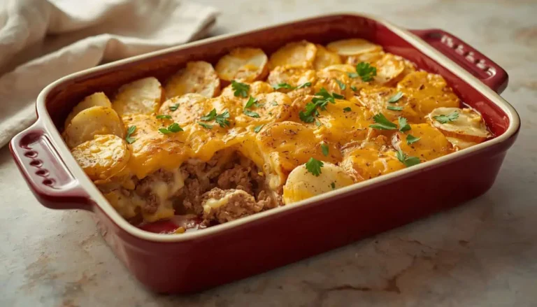 Easy hamburger potato casserole recipe with ground beef and cheddar cheese