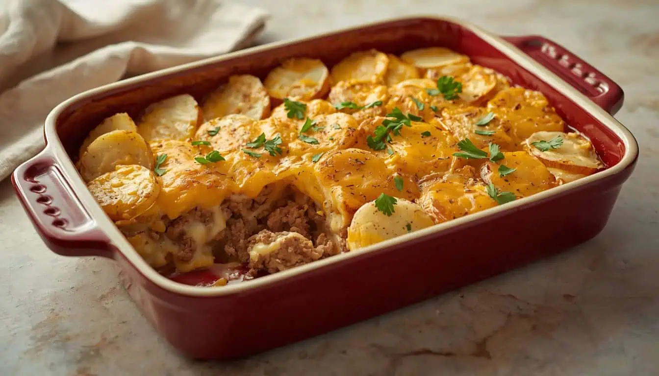 Hamburger potato casserole with seasoned ground beef and tender layered potatoes