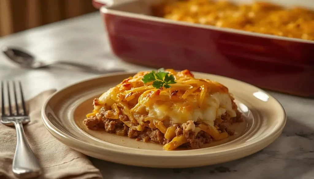 Serving of hamburger potato casserole with tender potatoes and ground beef