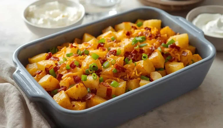 Easy loaded baked potato casserole with cheddar cheese and turkey bacon