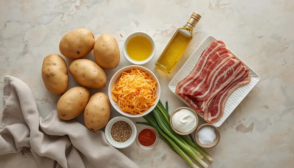 Ingredients for loaded baked potato casserole with potatoes cheddar and turkey bacon