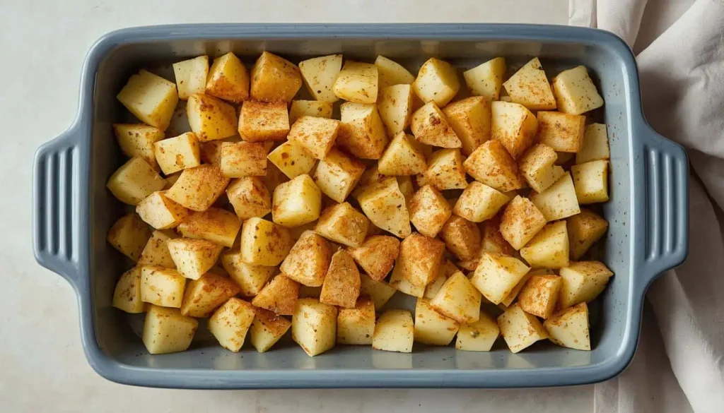 Seasoned potato cubes prepared for loaded baked potato casserole