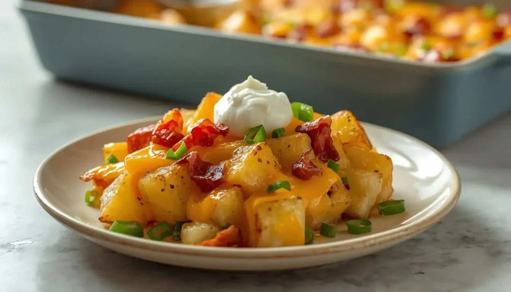 Serving of loaded baked potato casserole with roasted potatoes cheddar and turkey bacon