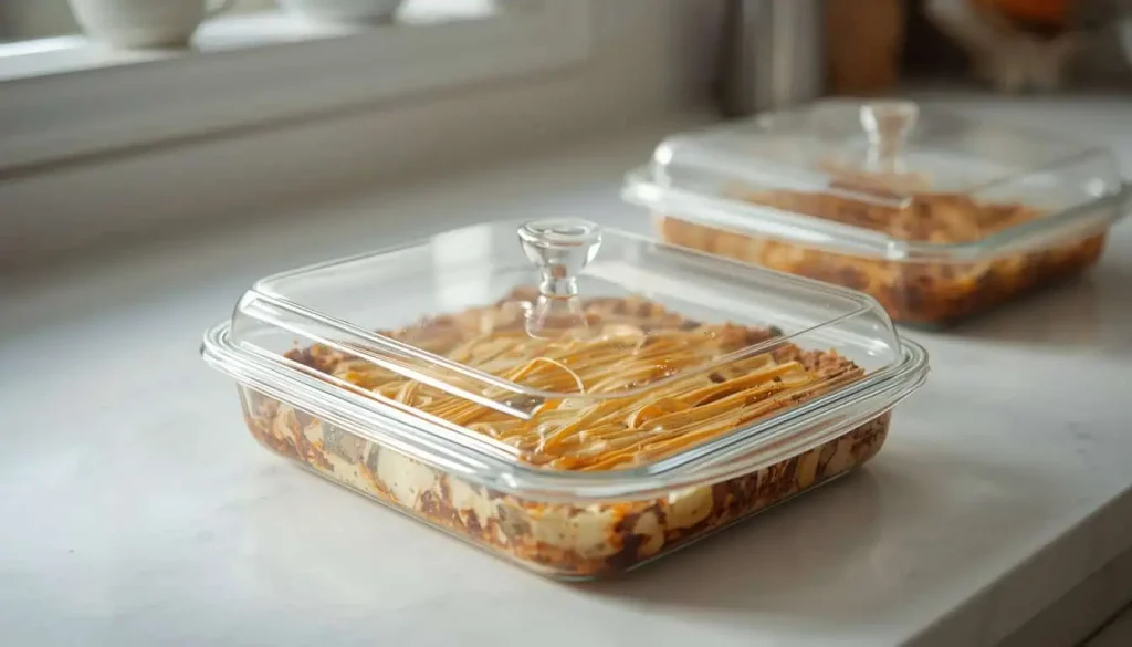 Prepared casserole covered and ready for refrigeration