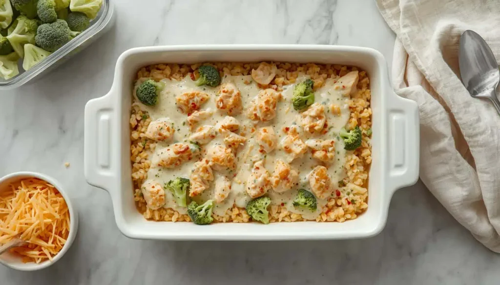 Make ahead casserole prepared in a baking dish before cooking