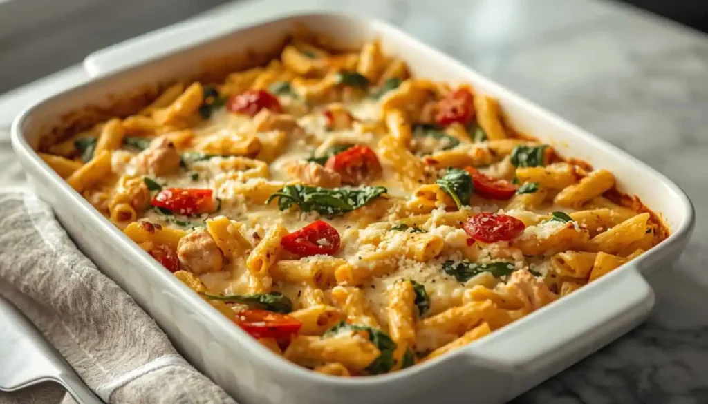 Easy Marry Me Chicken Casserole with pasta, chicken, sun-dried tomatoes, and spinach