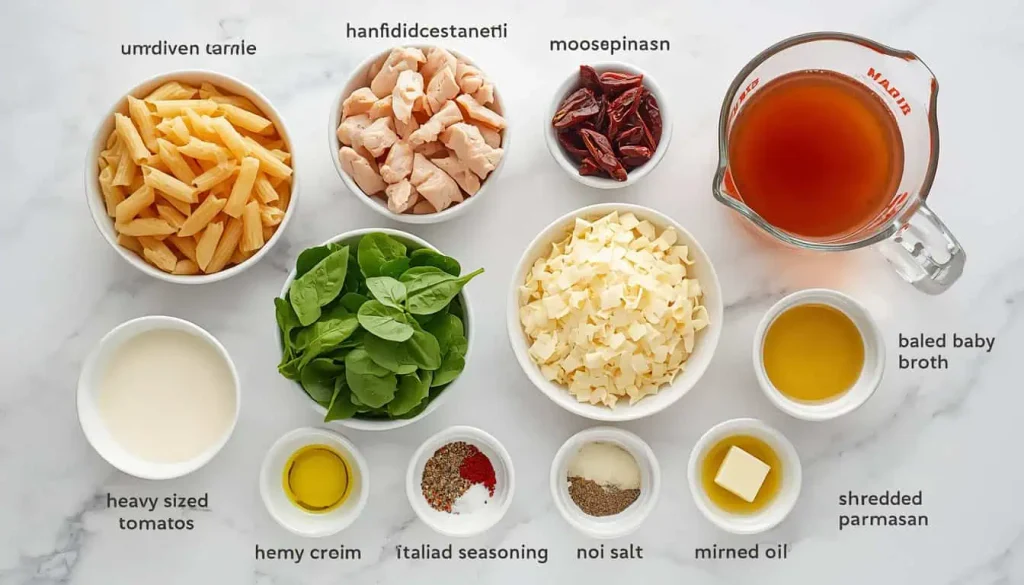Ingredients for Marry Me Chicken Casserole with chicken, pasta, spinach, and sun-dried tomatoes